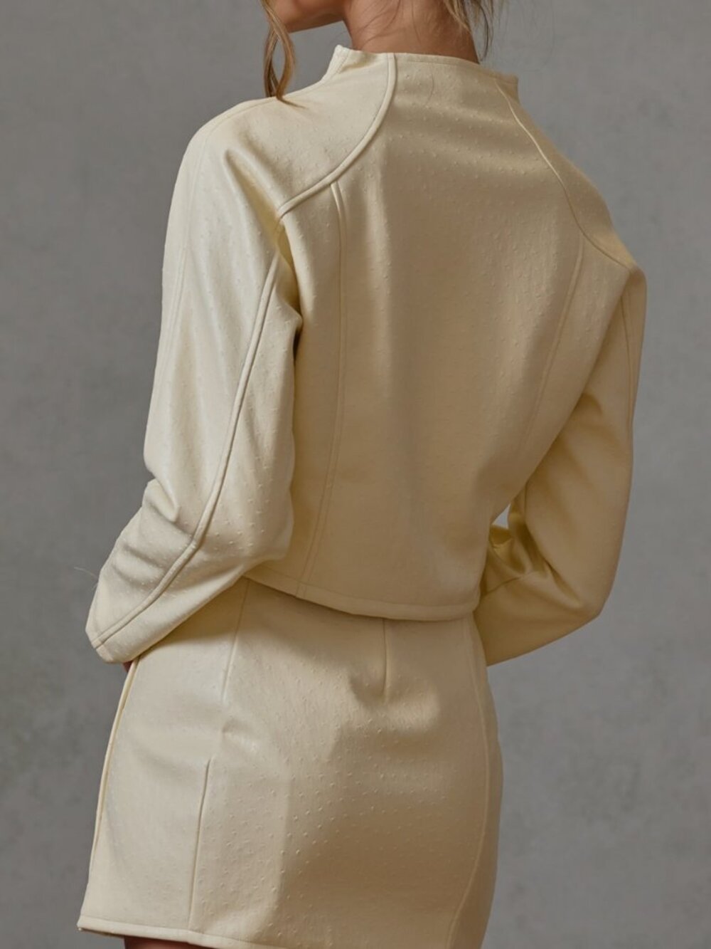 Cream Elegant Women's Textured Faux Leather Funnel Neck Jacket